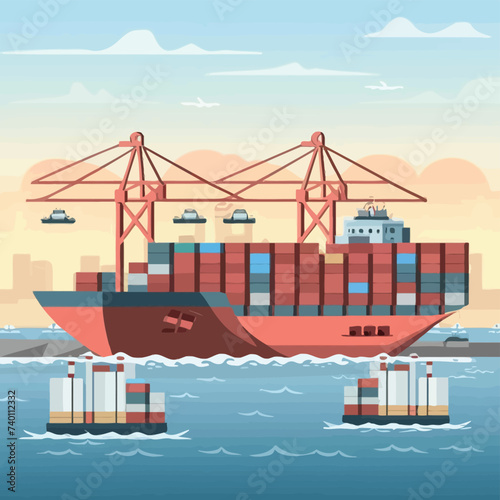 2d vector illustration colorful Land and sea transport techniques, methods and technological tools for transporting and shipping goods and products and logistic 

