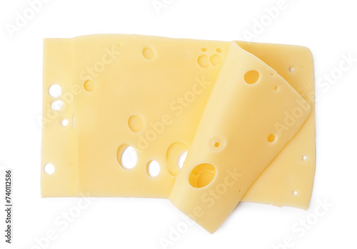 Slices of tasty fresh cheese isolated on white, top view