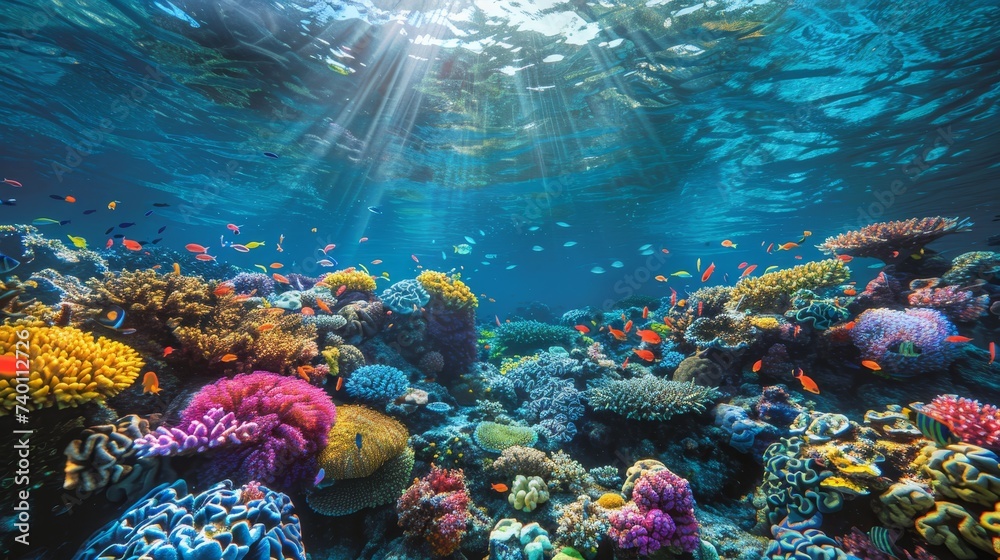 Radiant sunbeams penetrate the ocean surface, highlighting a stunning coral reef bustling with tropical fish.