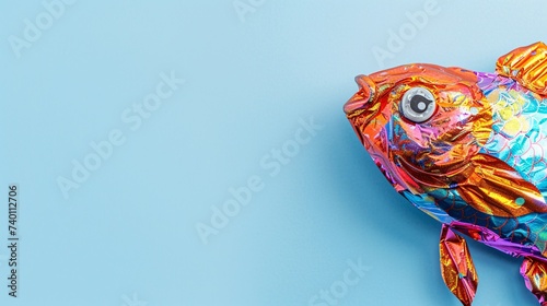 Emballage coloré d'un poisson d'avril en chocolat sur fond bleu » IA générative photo