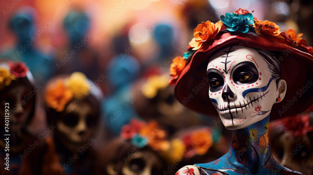 Sugar Skull Bride's Blurry Dance: Catrina Celebrates Life and Ancestors with a Flourish of Her Lace Veil in a Whimsical Haze, Generative AI Sugar Skull Bride's Blurry Dance: Catrina Celebrates Life and Ancestors with a Flourish of Her Lace Veil in a Whimsical Haze, Generative AI