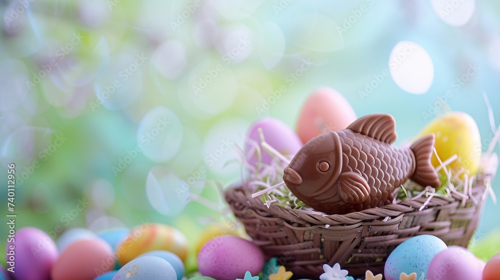Poisson d'avril en chocolat avec des oeufs de Pâques colorés » IA générative Poisson d'avril en chocolat avec des oeufs de Pâques colorés » IA générative