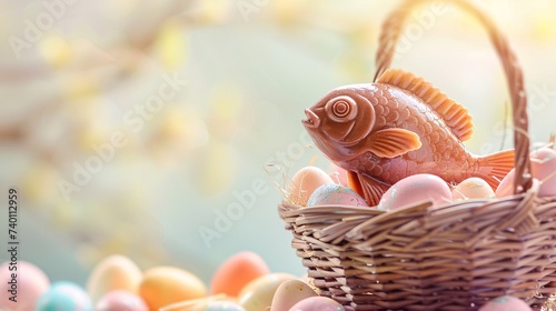 Beau poisson d'avril en chocolat dans un panier le jour de Pâques » IA générative