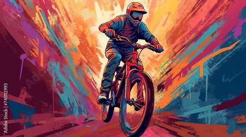 abstract vector technology art painting of man riding a bicycle to the extreme photo