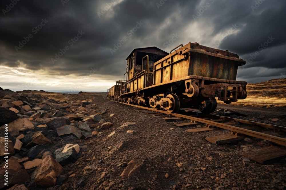 A weathered mine car filled with black coal stands alone in an expansive industrial setting