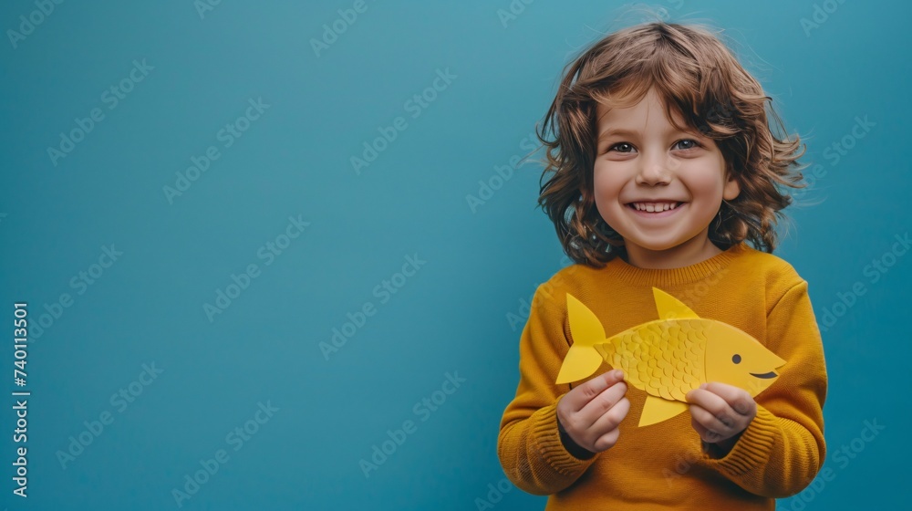 Jeune garçon avec un poisson d'avril en papier sur fond turquoise » IA générative - obrazy, fototapety, plakaty 