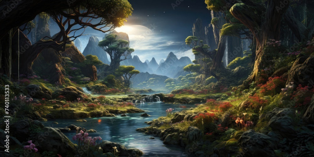 River Flowing Through Lush Green Forest Generative AI River Flowing Through Lush Green Forest Generative AI
