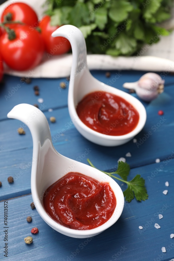 Organic ketchup in spoons and spices on blue wooden table, closeup. Tomato sauce Organic ketchup in spoons and spices on blue wooden table, closeup. Tomato sauce