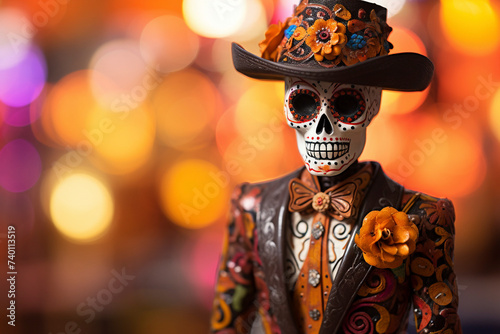 Artful Offerings: Sugar Skull Adorned with Pan Dulce and Memories Against a Dreamy Blur, Generative AI