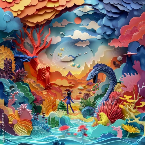 A surreal underwater scene with a diver encountering a sea dragon, surrounded by a colorful coral reef and stylized sky. © Sodapeaw