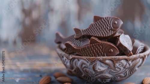 Gros plan sur un bol de bons poissons d'avril en chocolat » IA générative photo