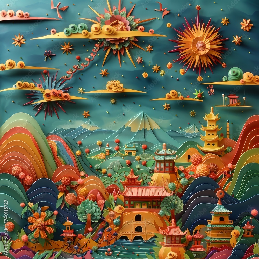 A lively and colorful paper crafted scene of an Asian village with traditional architecture, nestled in rolling hills under a dynamic sky.