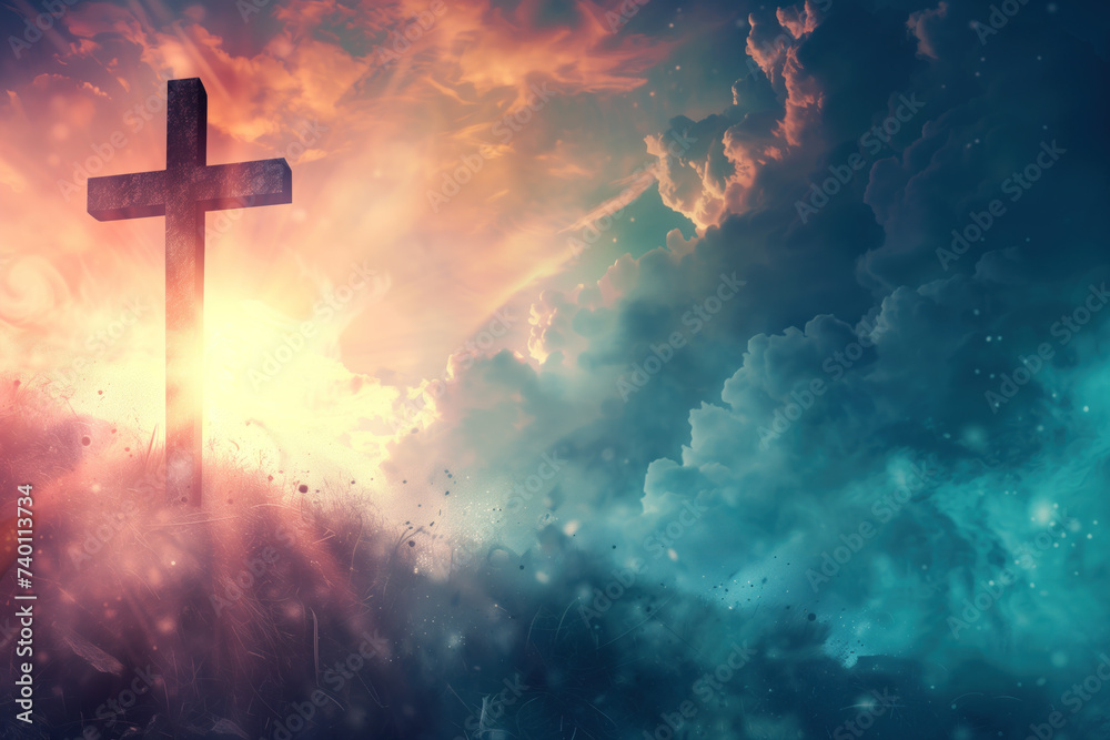 Cross in the sky. A slide background for showcasing Christian Religion. Background image. Created with Generative AI technology