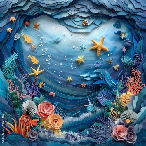 An enchanting underwater ocean scene made from paper art, featuring colorful coral reefs, starfish, and marine life in a dynamic composition.