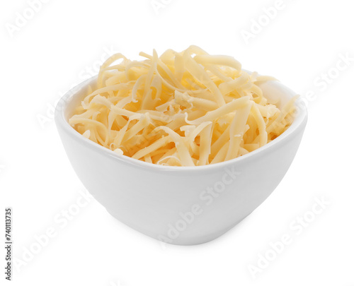 Tasty grated cheese in bowl isolated on white