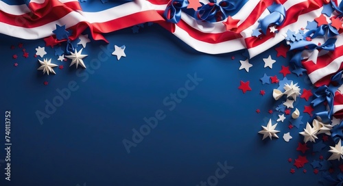 Happy Presidents Day Banner with American Flags, Grosgrain Ribbon, and Confetti Stars on Blue Background. USA Independence Day, Labor Day and Memorial Day. photo