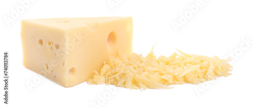 Grated and whole piece of cheese isolated on white