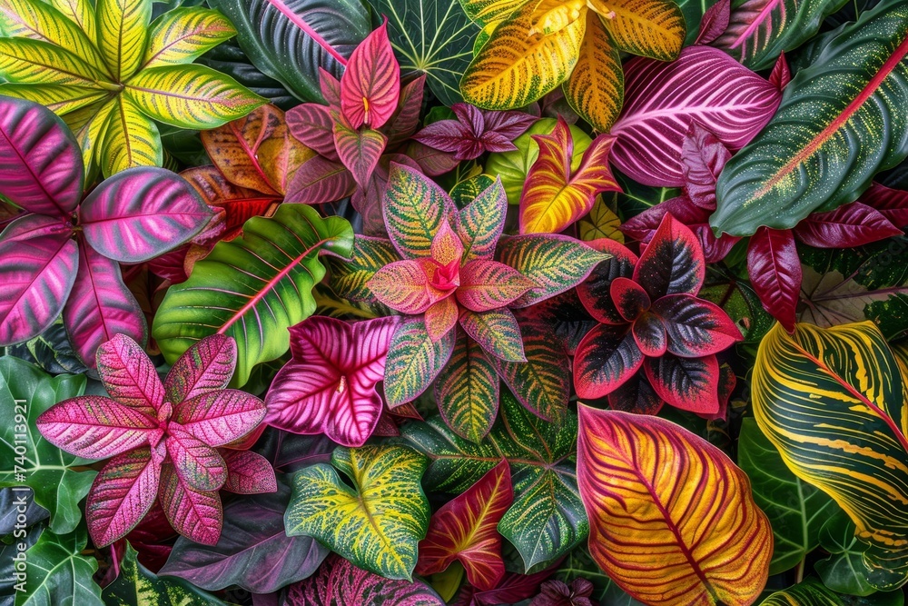 Naklejka premium Vibrant tropical foliage showcasing various colorful leaves in close-up detail