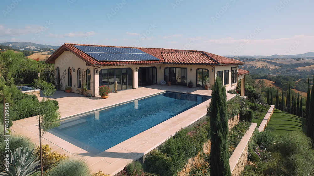 Instalación de paneles solares en tejado de una vivienda unifamiliar.