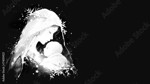 virgin mary and baby jesus isolated on black background, A white ink watercolor painting of the 