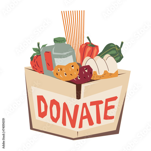 Groceries in food donation box, isolated on white flat vector illustration. Food for the homeless and those in need in donation box.
