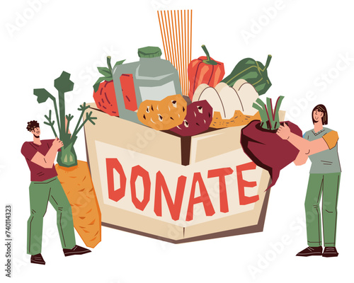 Volunteers collect food for the homeless and those in need. People putting groceries in food donation box, isolated flat vector illustration.
