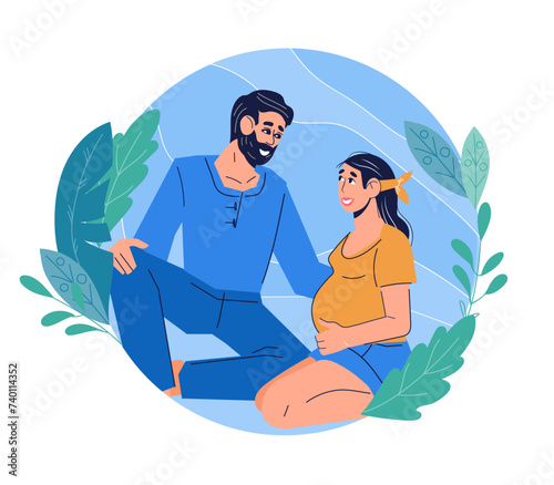 Prenatal care, family planning and childbirth concept of banner, flat vector illustration isolated on white background. Healthy and happy pregnancy together. Expecting parents.