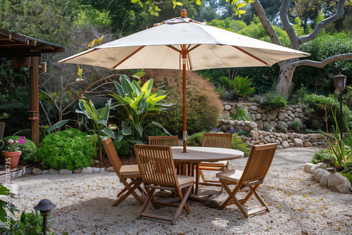 Patio Umbrella With Wooden Table and Chairs © Nikki AI