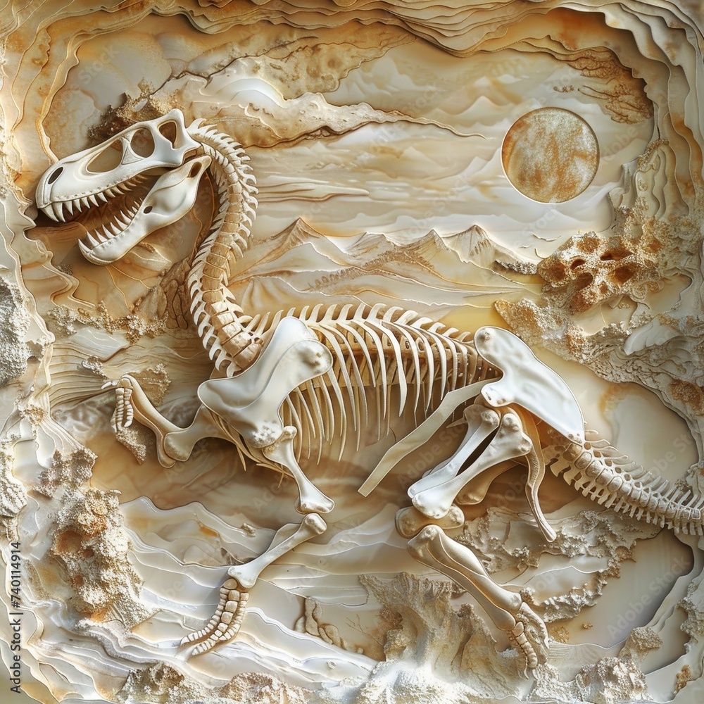 A detailed paper art depiction of dinosaur fossils, artistically presented within layered earth-toned papers, evoking geological eras.