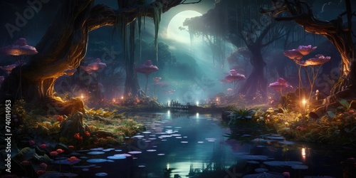Enchanted Forest With Pond and Trees Generative AI © Johnathan