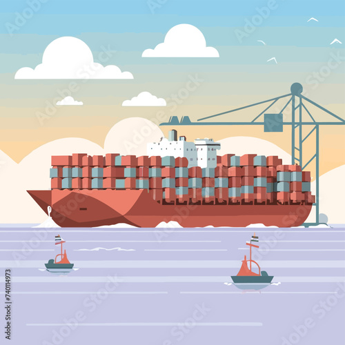 2d vector illustration colorful Land and sea transport techniques, methods and technological tools for transporting and shipping goods and products and logistic 


