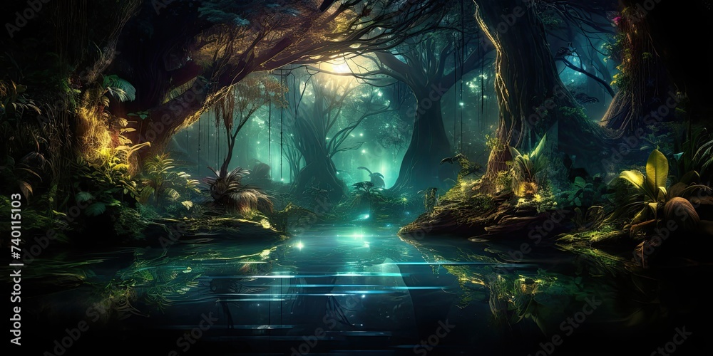 Enchanted Dark Forest Teeming With Trees Generative AI