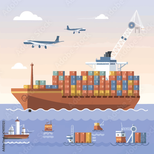 2d vector illustration colorful Land and sea transport techniques, methods and technological tools for transporting and shipping goods and products and logistic 

