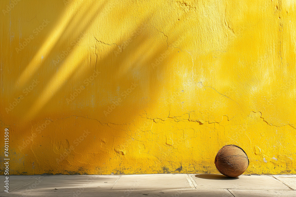 The yellow wall surface has an old and rough texture. And there is a coconut in the corner of the picture. There is space for entering text. - obrazy, fototapety, plakaty 