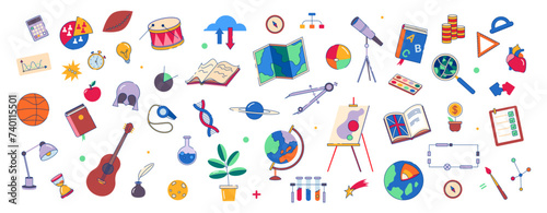 Subjects in school or college, isolated flat cartoon icons for disciplines. Vector disciplines for students. Geography and math, English and art, physical education and physics, geology and biology