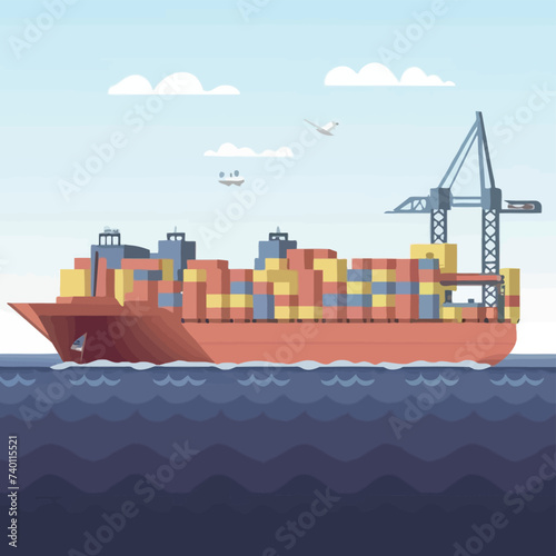 2d vector illustration colorful Land and sea transport techniques, methods and technological tools for transporting and shipping goods and products and logistic 

