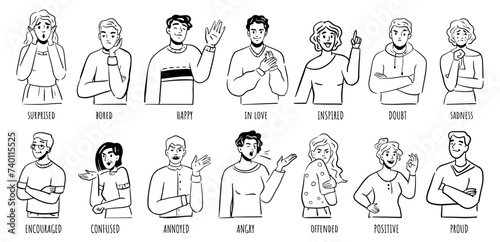 Emotional people showing emotion and expressions. Vector flat cartoon, isolated men and women with surprised face, happy or annoyed, positive or proud, confused or encouraged, in love or inspired