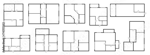 Top view of floor plan with empty rooms and doors. Vector flat cartoon, isolated interior design of apartment, condominium, home or house. Planning space for living and working, smart schemes photo
