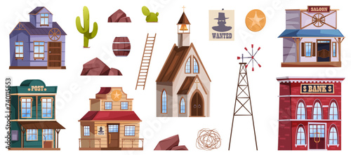 Wester city buildings, wooden houses, church and bank, post and saloon. Vector cartoon isolated icons of elements for street decor. Rocks and cactus, sheriff badge and wanted picture of criminal