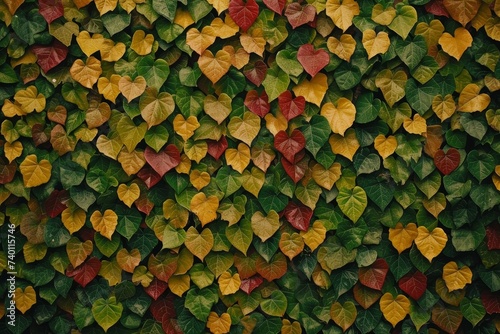 A beautiful arrangement of various leaves clinging to a wall, creating a unique and natural tapestry in an urban setting