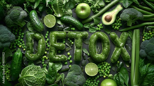 green vegetables and fruits arranged in the shape of the word Detox. The image showcases a healthy and vibrant composition promoting 1detoxification