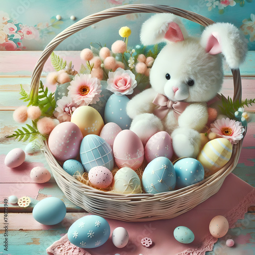 easter basket with easter eggs and a bunny