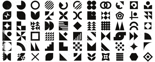 Brutalism abstract geometric shapes. Vector set of retro y2k minimal graphic icons, logos, design elements