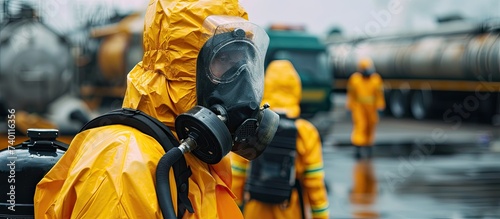 A group of people wearing yellow suits and gas masks, gathered together in an undisclosed location. Their identities concealed, they stand side by side, creating a striking visual contrast. photo