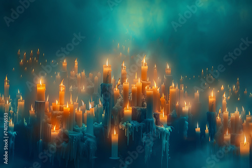 an array of candles on top of a blue background in th