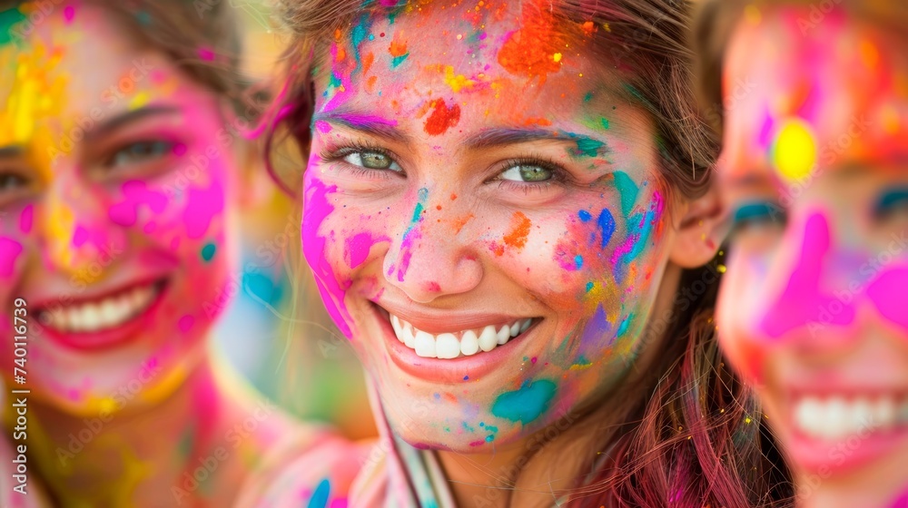 holi festival portrait of a ground on Indian woman with her face painted in colorful powder, vibrant powder paint explosion, joyous festival., horizontal background, copy space for text holi festival portrait of a ground on Indian woman with her face painted in colorful powder, vibrant powder paint explosion, joyous festival., horizontal background, copy space for text
