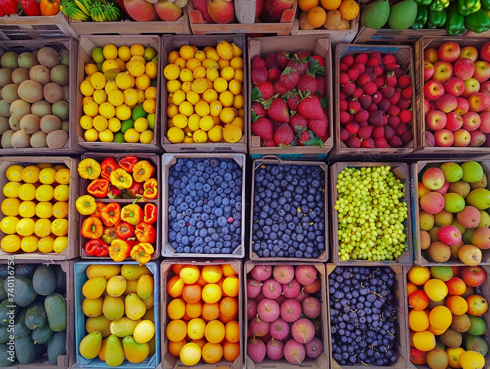 Overhead shot of a vibrant fruit and vegetable market. Overhead shot of a vibrant fruit and vegetable market.