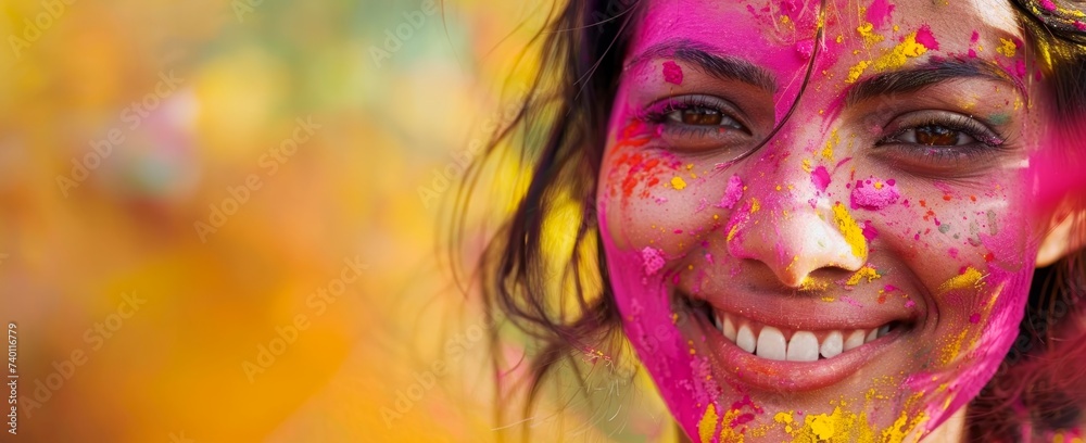 holi festival portrait of an Indian  woman with her face painted in colorful powder, vibrant powder paint explosion, joyous festival., horizontal background, copy space for text 