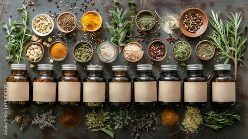 Collection of organic spices and herbs in labeled jars.
