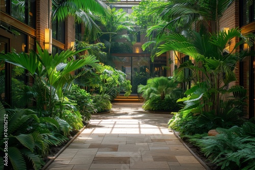 A peaceful walkway winds through a building adorned with lush, green plants, creating a serene and natural ambiance